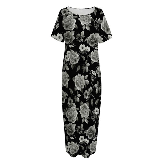 Monochrome Rose Floral Pattern Print Short Sleeve Long Nightdress