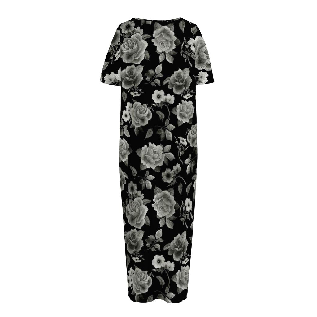 Monochrome Rose Floral Pattern Print Short Sleeve Long Nightdress