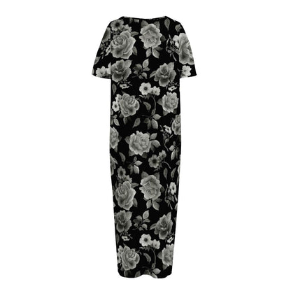 Monochrome Rose Floral Pattern Print Short Sleeve Long Nightdress