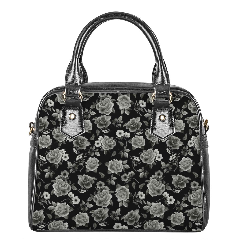 Monochrome Rose Floral Pattern Print Shoulder Handbag