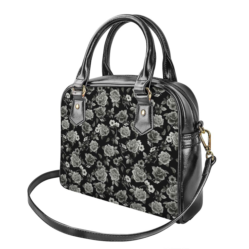 Monochrome Rose Floral Pattern Print Shoulder Handbag