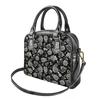 Monochrome Rose Floral Pattern Print Shoulder Handbag