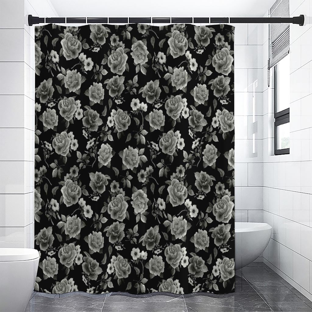 Monochrome Rose Floral Pattern Print Shower Curtain