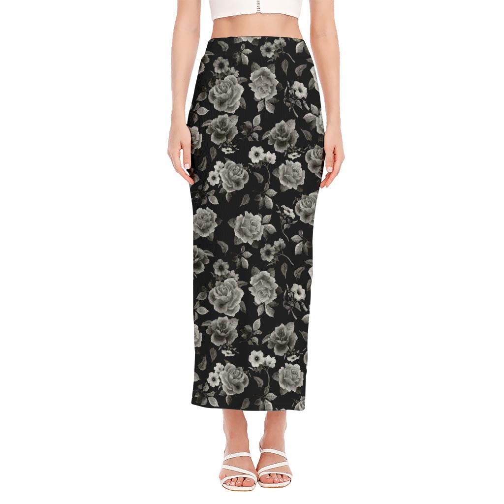 Monochrome Rose Floral Pattern Print Side Slit Maxi Skirt