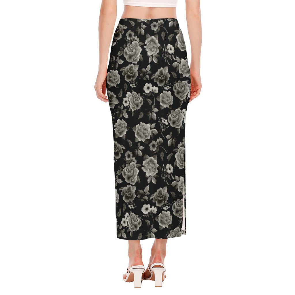 Monochrome Rose Floral Pattern Print Side Slit Maxi Skirt