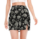Monochrome Rose Floral Pattern Print Side Slit Mini Skirt