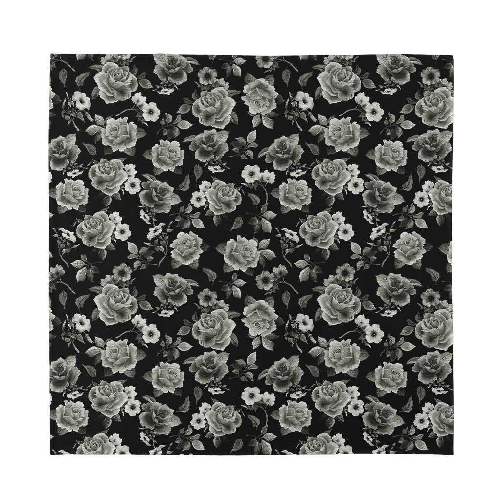 Monochrome Rose Floral Pattern Print Silk Bandana