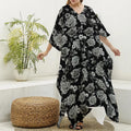 Monochrome Rose Floral Pattern Print Silk V-Neck Kaftan Dress