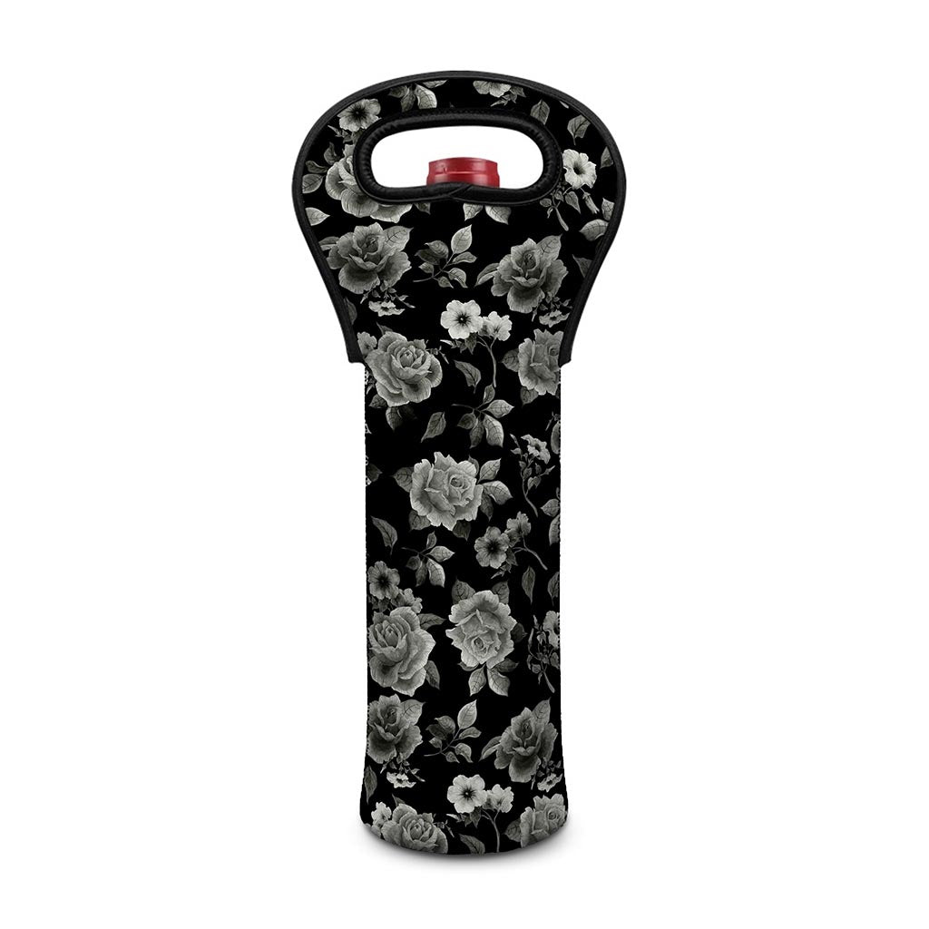 Monochrome Rose Floral Pattern Print Single Neoprene Wine Tote
