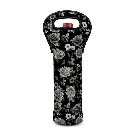 Monochrome Rose Floral Pattern Print Single Neoprene Wine Tote
