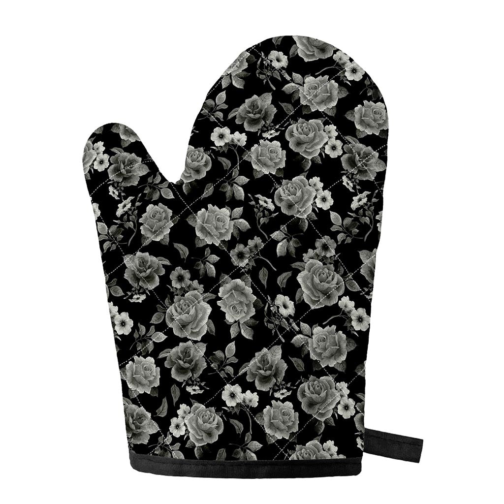 Monochrome Rose Floral Pattern Print Single Oven Mitt