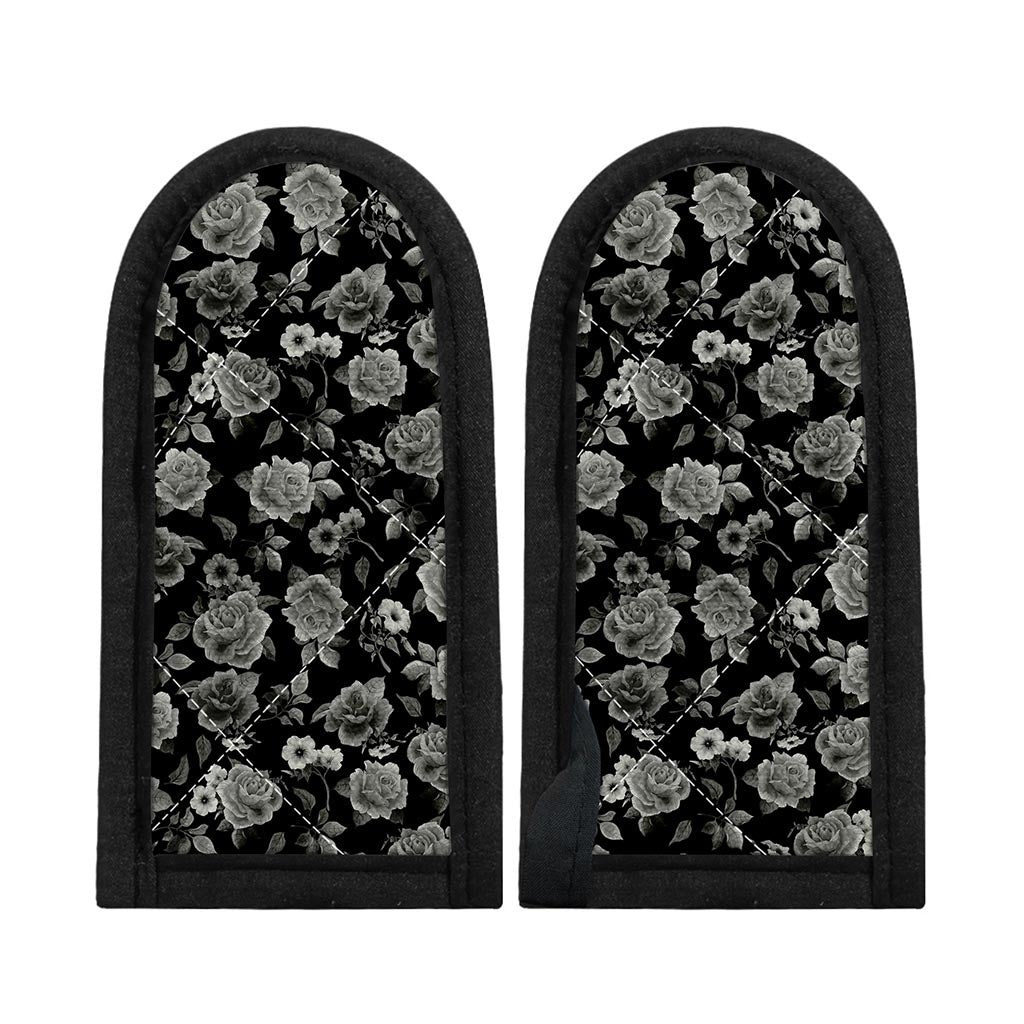 Monochrome Rose Floral Pattern Print Skillet Handle Cover