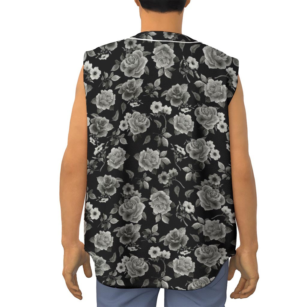 Monochrome Rose Floral Pattern Print Sleeveless Baseball Jersey