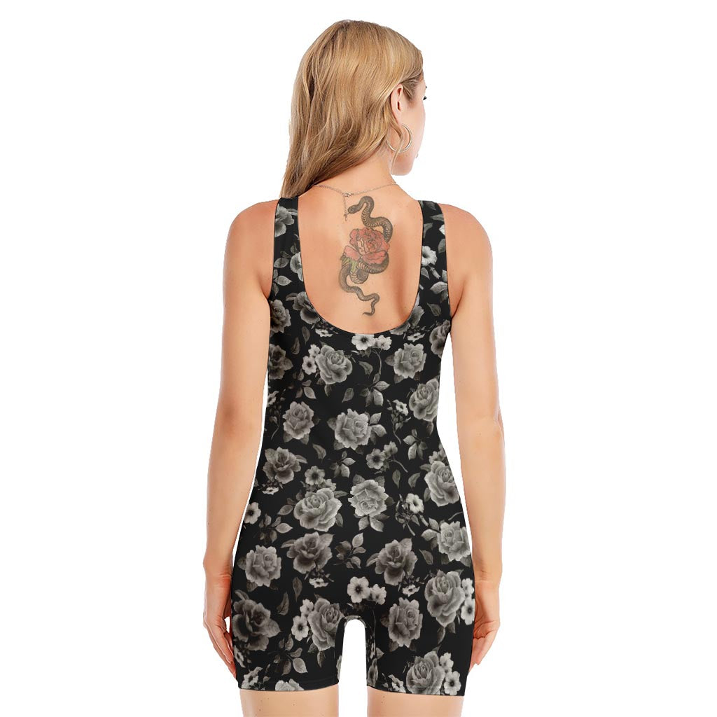 Monochrome Rose Floral Pattern Print Sleeveless One Piece Swimsuit