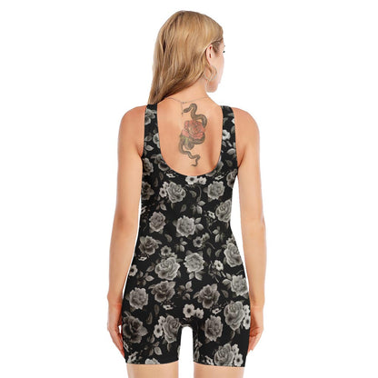 Monochrome Rose Floral Pattern Print Sleeveless One Piece Swimsuit