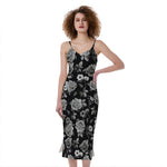 Monochrome Rose Floral Pattern Print Slim Fit Midi Cami Dress