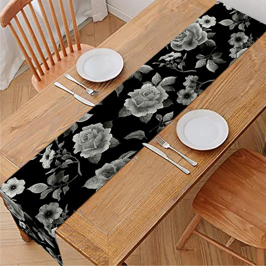 Monochrome Rose Floral Pattern Print Table Runner