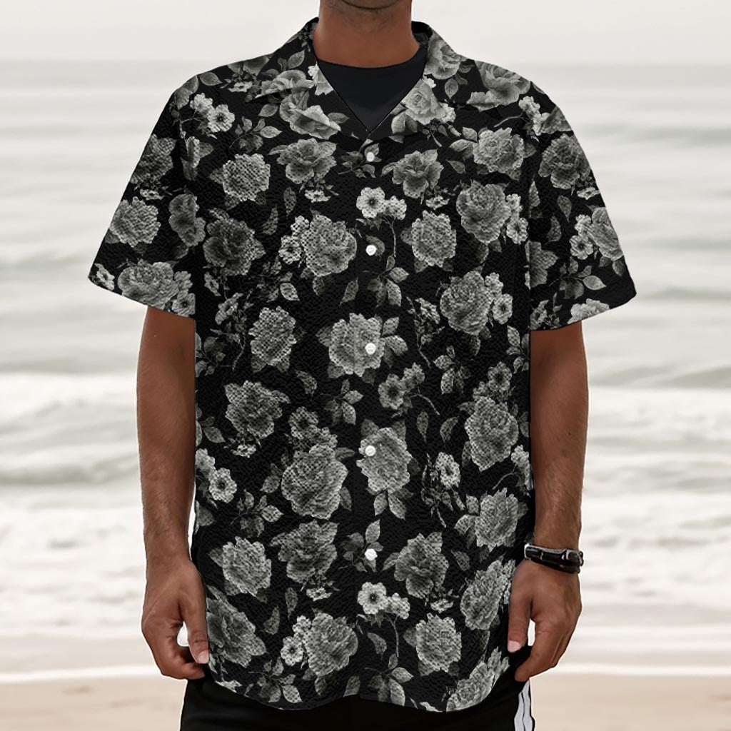 Monochrome Rose Floral Pattern Print Textured Short Sleeve Shirt