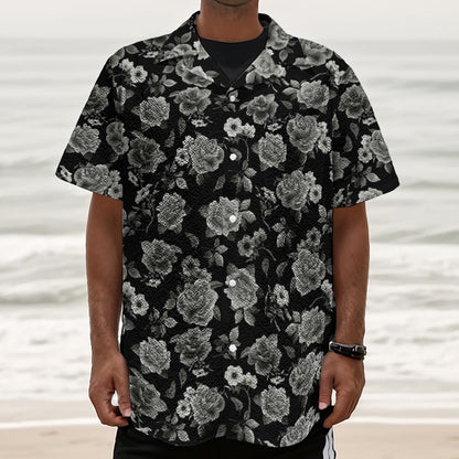 Monochrome Rose Floral Pattern Print Textured Short Sleeve Shirt