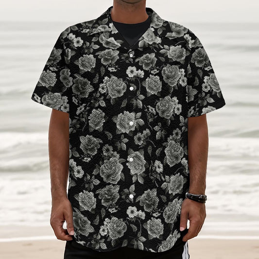 Monochrome Rose Floral Pattern Print Textured Short Sleeve Shirt