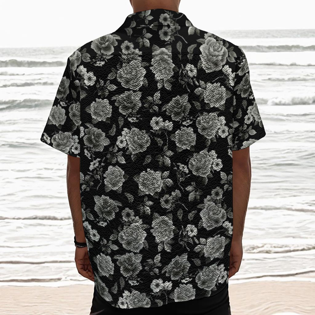 Monochrome Rose Floral Pattern Print Textured Short Sleeve Shirt
