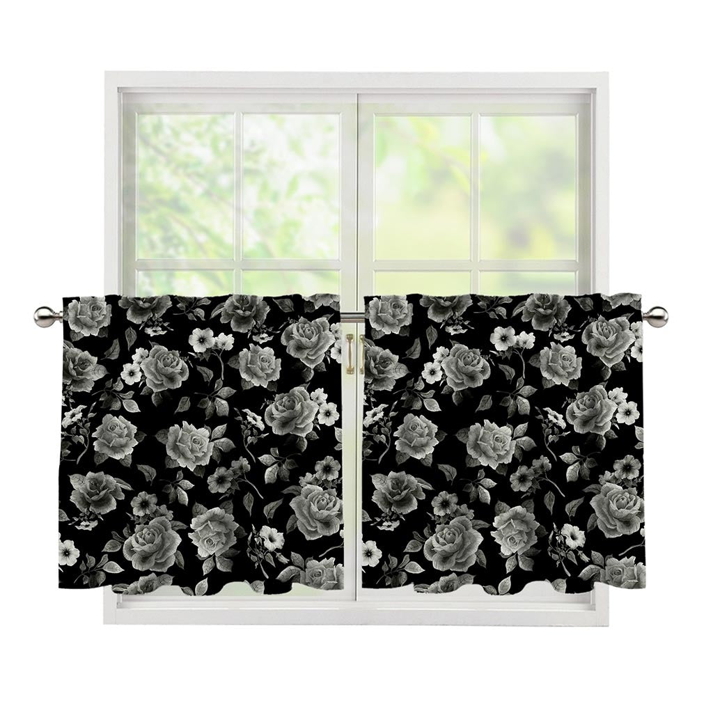 Monochrome Rose Floral Pattern Print Tier Curtains