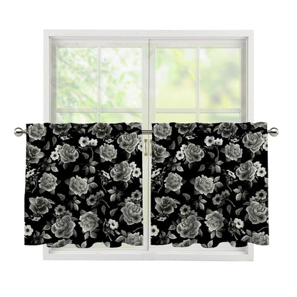 Monochrome Rose Floral Pattern Print Tier Curtains
