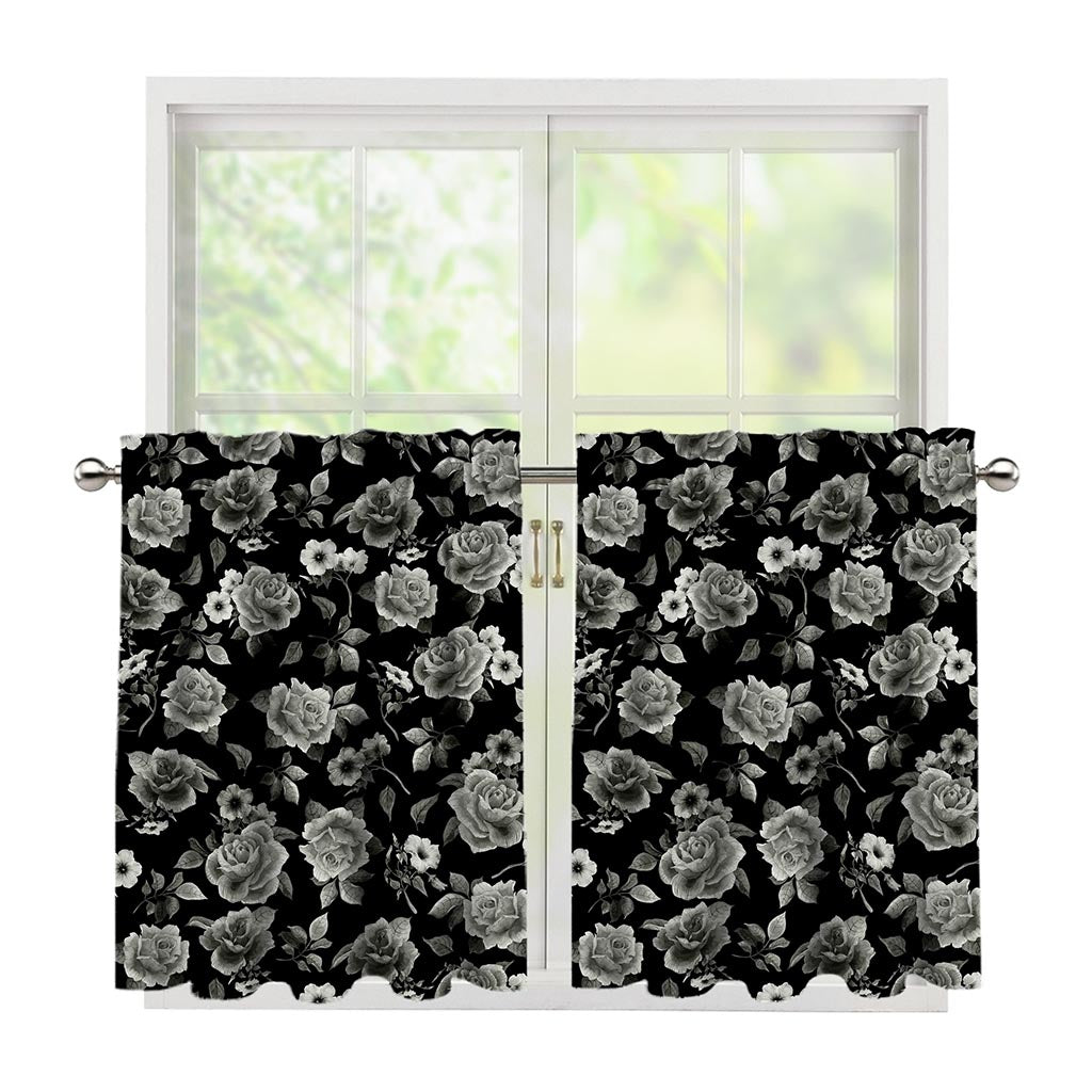Monochrome Rose Floral Pattern Print Tier Curtains