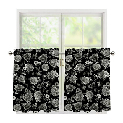 Monochrome Rose Floral Pattern Print Tier Curtains