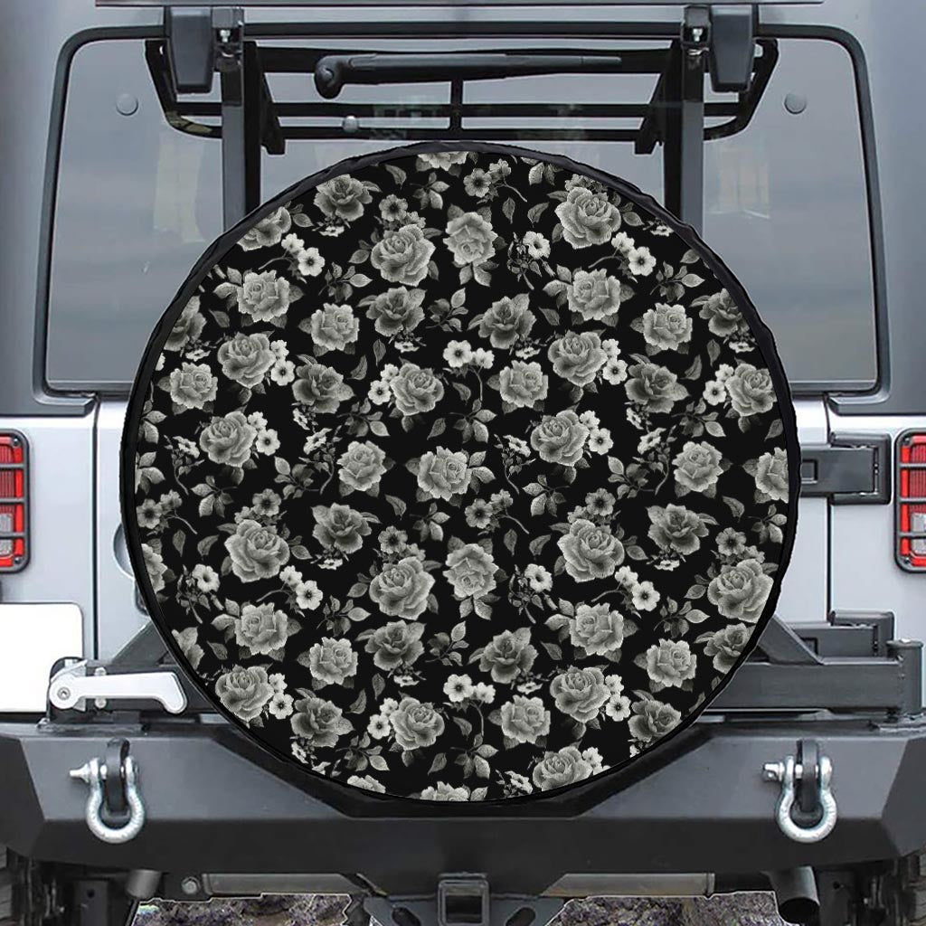 Monochrome Rose Floral Pattern Print Tire Cover