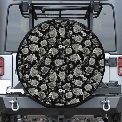 Monochrome Rose Floral Pattern Print Tire Cover