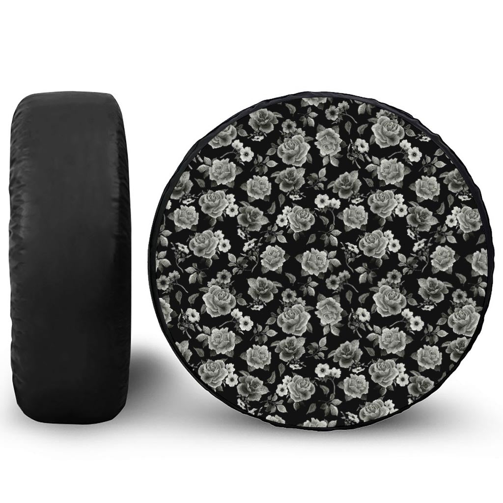 Monochrome Rose Floral Pattern Print Tire Cover