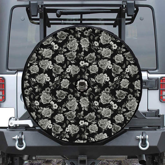 Monochrome Rose Floral Pattern Print Tire Cover With Camera Hole