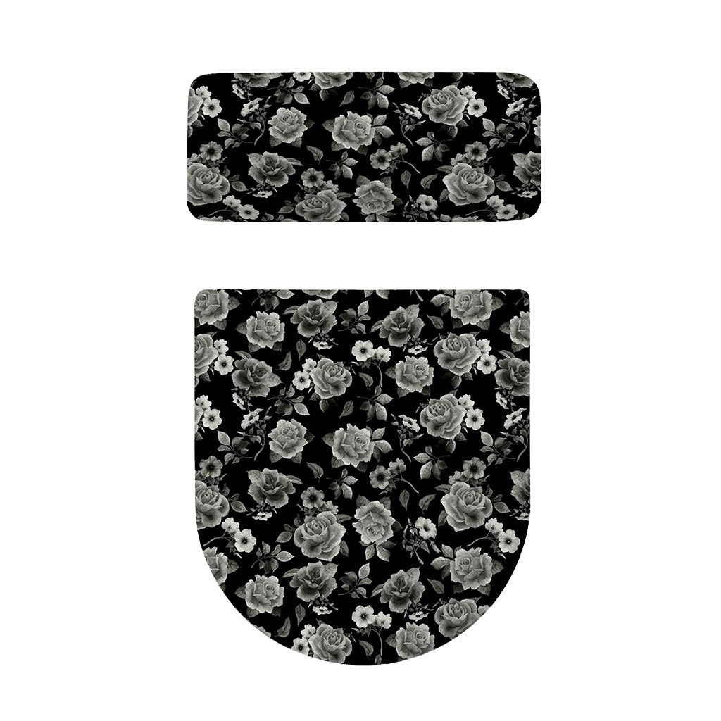Monochrome Rose Floral Pattern Print Toilet Lid And Tank Cover Set