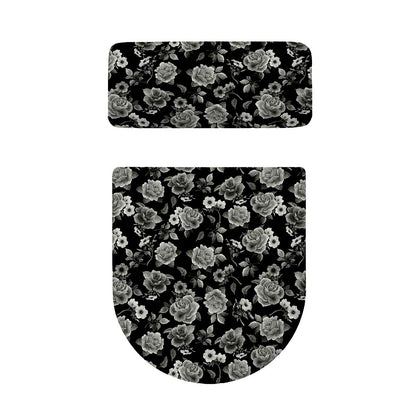 Monochrome Rose Floral Pattern Print Toilet Lid And Tank Cover Set