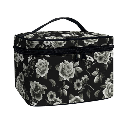 Monochrome Rose Floral Pattern Print Travel Makeup Bag