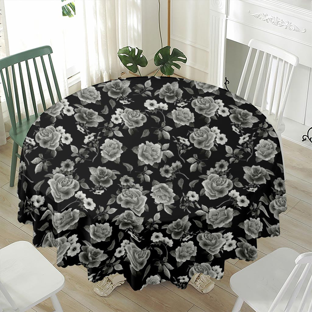 Monochrome Rose Floral Pattern Print Waterproof Round Tablecloth