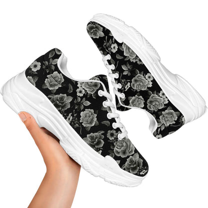Monochrome Rose Floral Pattern Print White Chunky Shoes