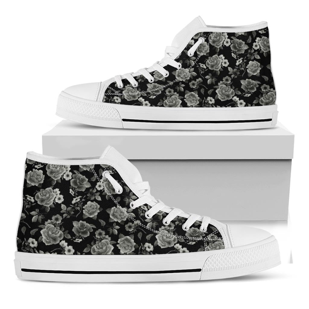 Monochrome Rose Floral Pattern Print White High Top Sneakers
