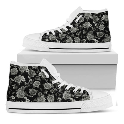 Monochrome Rose Floral Pattern Print White High Top Sneakers