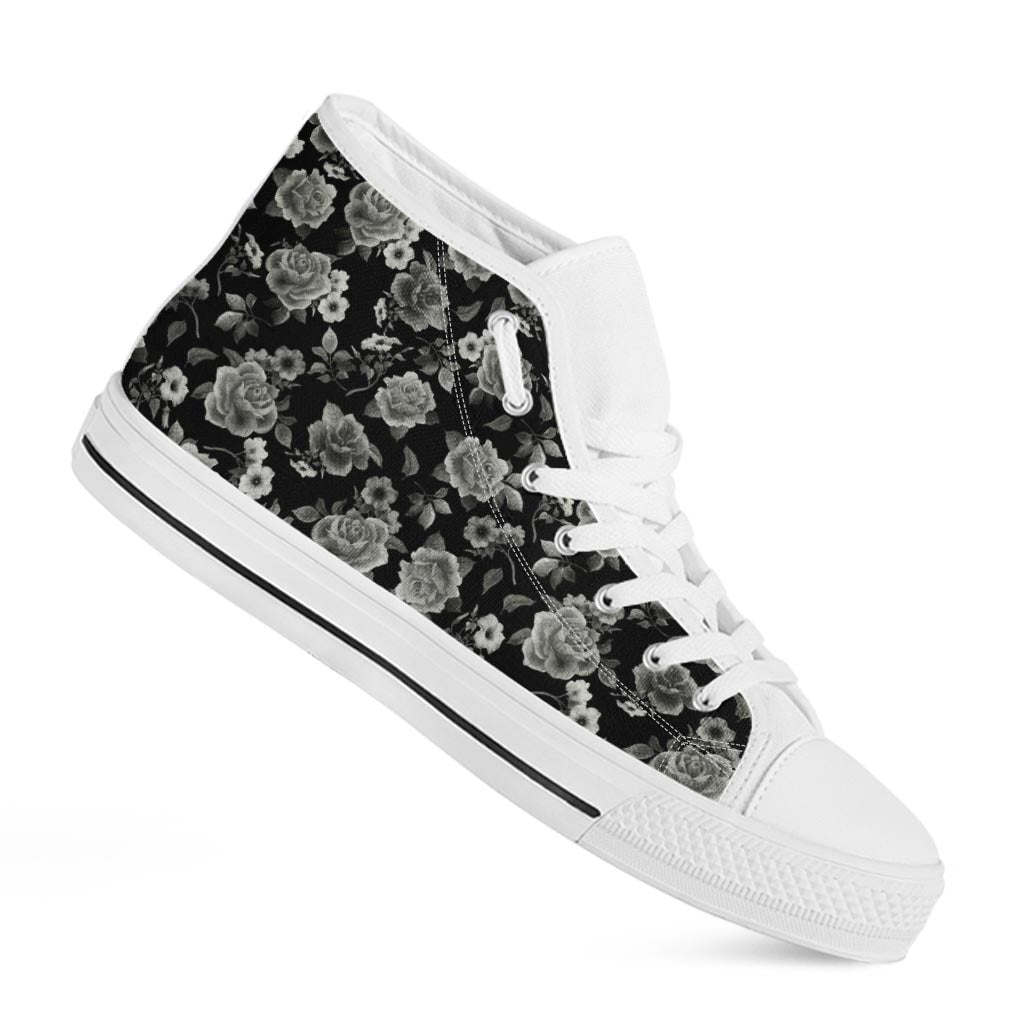 Monochrome Rose Floral Pattern Print White High Top Sneakers