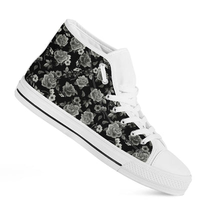 Monochrome Rose Floral Pattern Print White High Top Sneakers