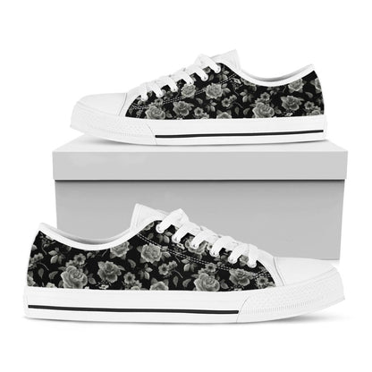 Monochrome Rose Floral Pattern Print White Low Top Sneakers