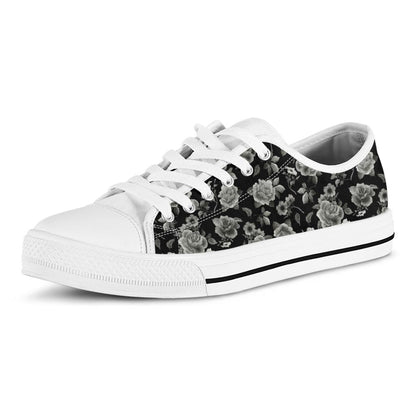 Monochrome Rose Floral Pattern Print White Low Top Sneakers