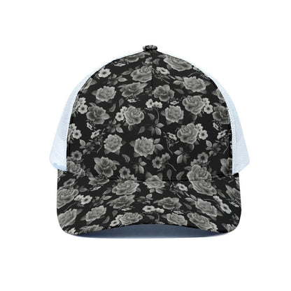 Monochrome Rose Floral Pattern Print White Mesh Trucker Cap