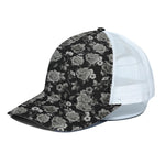 Monochrome Rose Floral Pattern Print White Mesh Trucker Cap