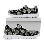 Monochrome Rose Floral Pattern Print White Running Shoes