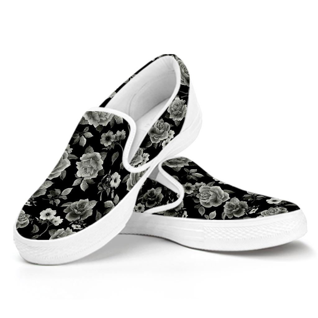 Monochrome Rose Floral Pattern Print White Slip On Sneakers