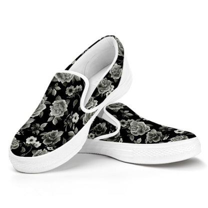 Monochrome Rose Floral Pattern Print White Slip On Sneakers
