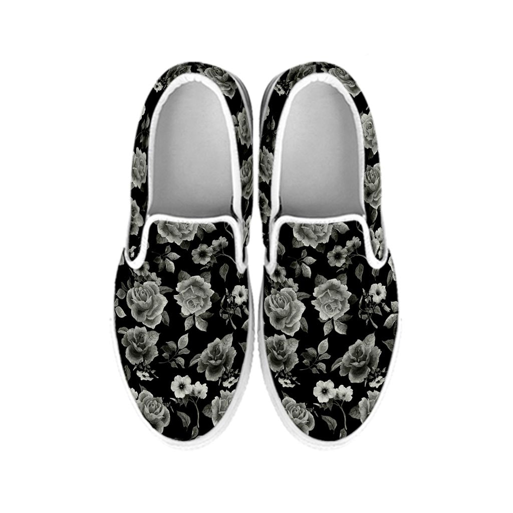 Monochrome Rose Floral Pattern Print White Slip On Sneakers